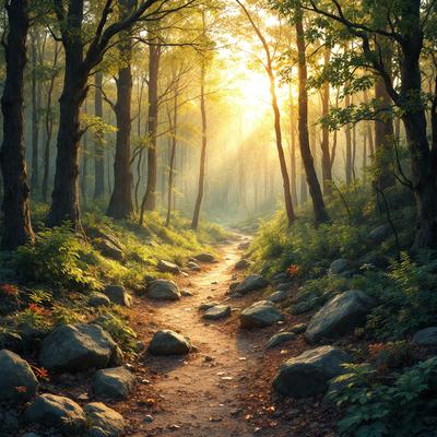 The primary subject of the image is a pathway through a forest, surrounded by trees and rocks. The setting is a natural environment with a sunny day, creating a serene atmosphere. The visual style is a combination of photo and digital art, giving the image a realistic yet artistic appearance. The colors are predominantly earthy tones, such as green, brown, and orange, which contribute to the natural and peaceful mood of the scene.